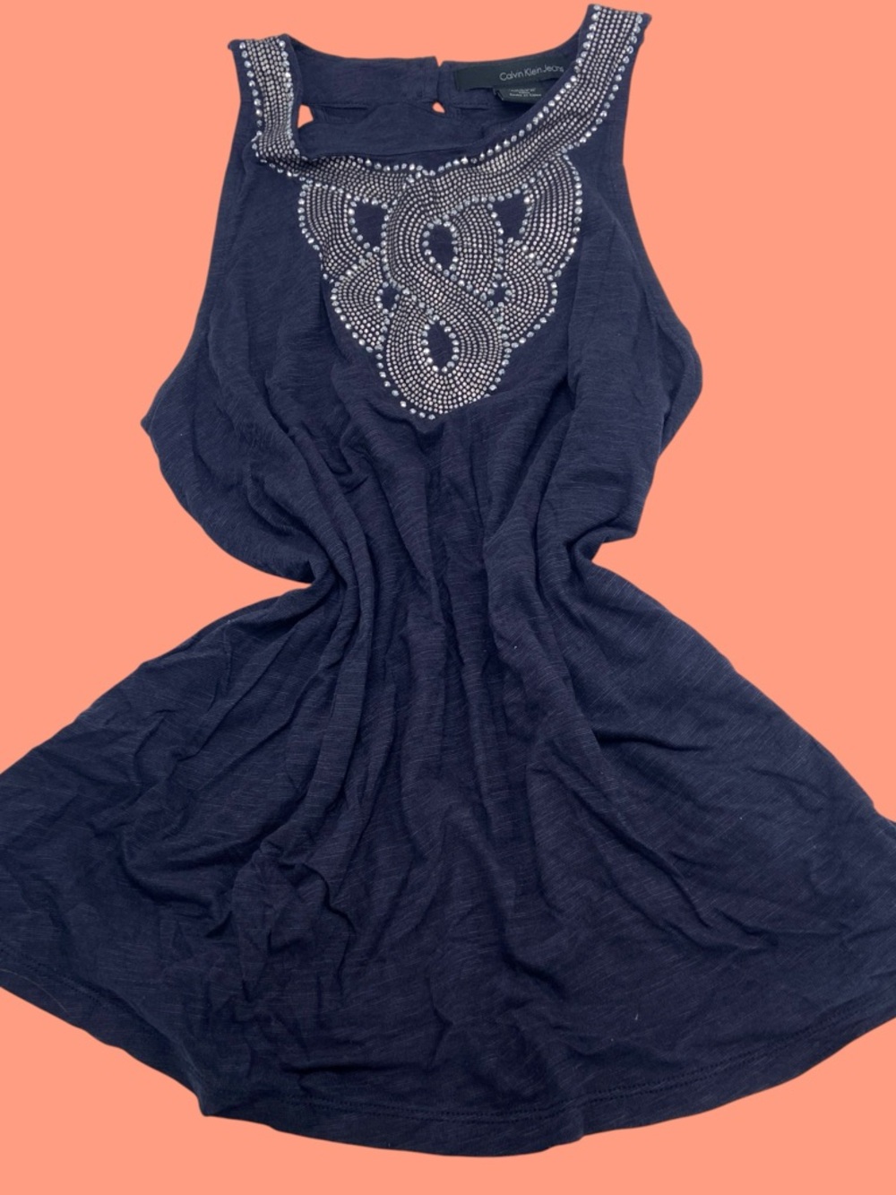 Calvin Klein Jeans Navy Blue Sleeveless Tank Top with Decorative Beaded Neckline